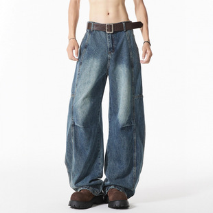 美式复古蓝弯刀牛仔裤男款春秋潮牌痞帅休闲宽松直筒男生阔腿裤子