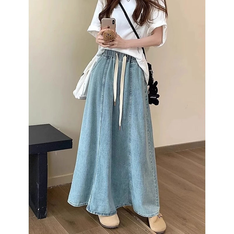跨境外贸欧美独立站美式设计感松紧腰宽松大摆裙牛仔裙女休闲长裙