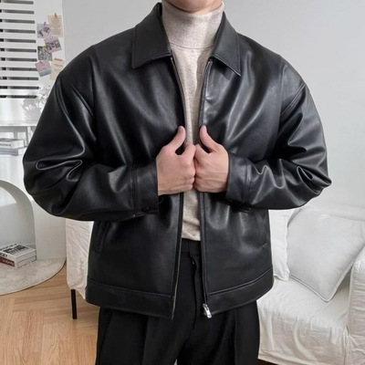 皮衣外套男春季新款韩版潮流复古休闲短款翻领机车PU皮夹克高级