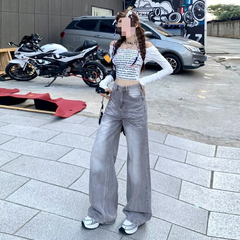 灰色美式复古阔腿牛仔裤女薄款夏季2025新款垂感宽松直筒拖地裤子