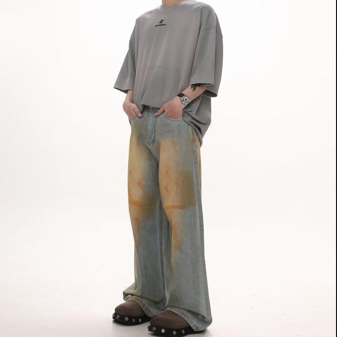 复古橙色笔刷水洗做旧牛仔裤男小众设计感高街直筒宽松阔腿长裤潮