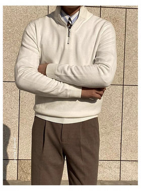 套头纯色长袖Polo针织衫休闲商务男装拉链门襟设计韩版修身时尚