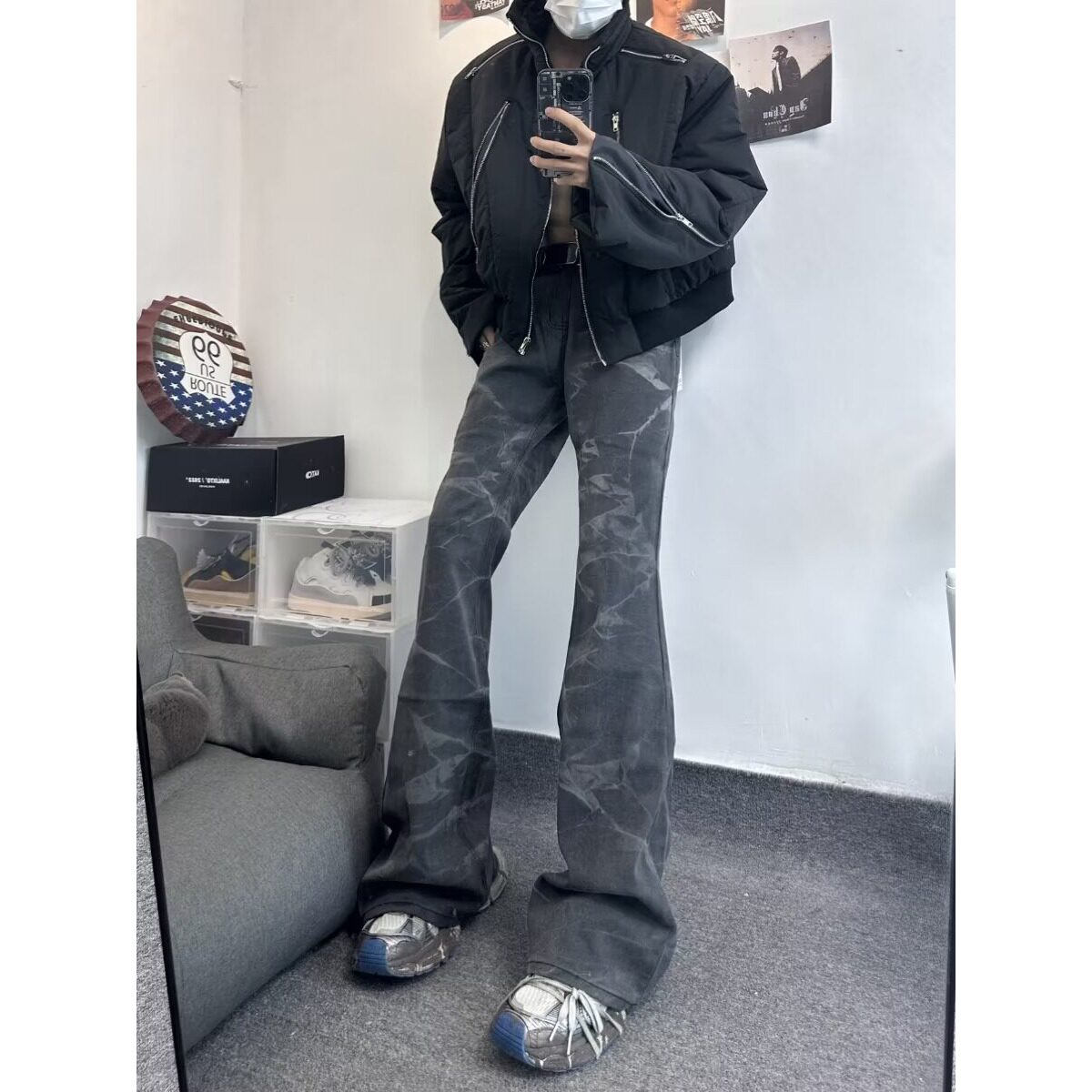 美式街头水洗做旧微喇牛仔裤男春秋直筒宽松百搭高街vibe牛仔长裤