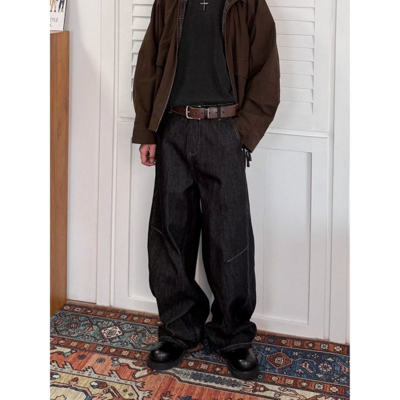 美式复古水洗cleanfit阔腿弯刀设计感牛仔裤男女宽松baggy直筒裤