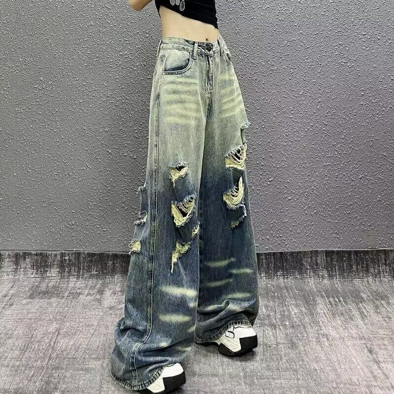 美式复古水洗破洞牛仔裤女夏季高街宽松直筒显瘦裤子百搭拖地长裤