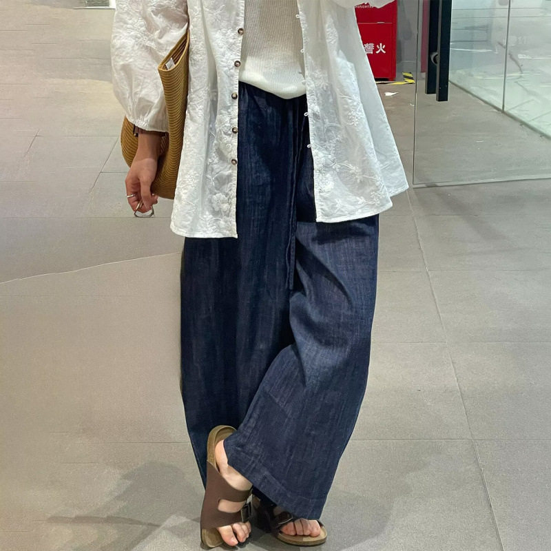 大码深蓝色牛仔裤女夏季胖mm慵懒风显瘦天丝抽绳休闲阔腿九分裤子