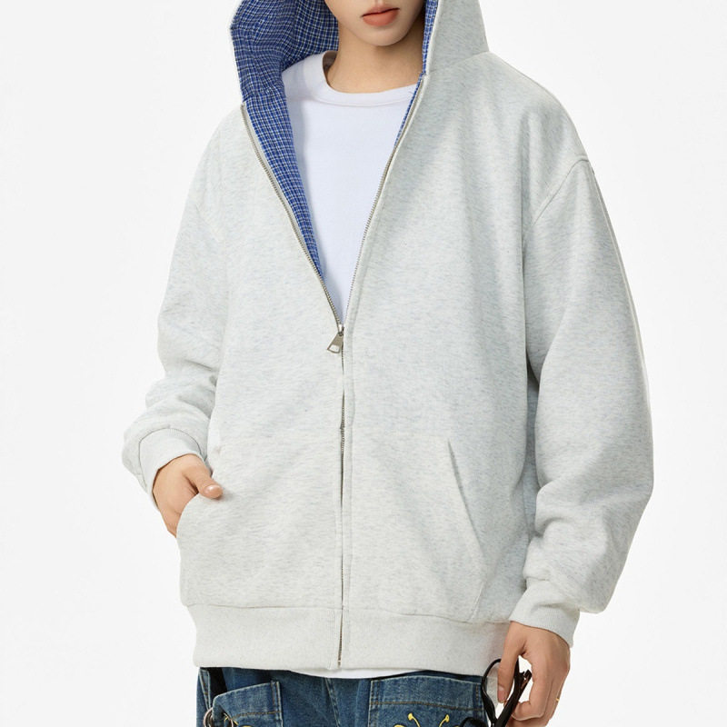 灰色双面穿连帽卫衣男女秋美式格纹拼接拉链开衫外套复古潮牌
