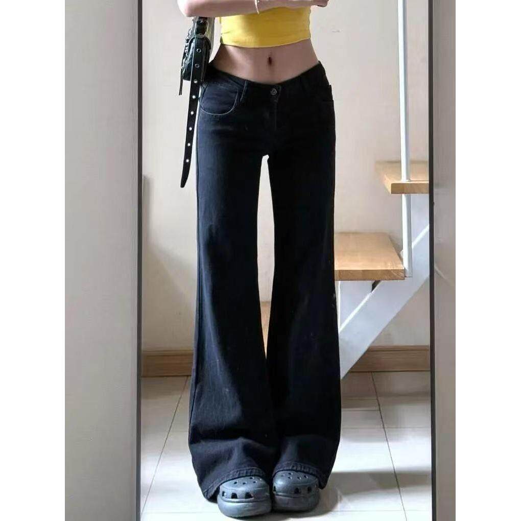 黑色低腰微喇牛仔裤女夏薄款2025新款直筒显瘦高个子阔腿喇叭裤子