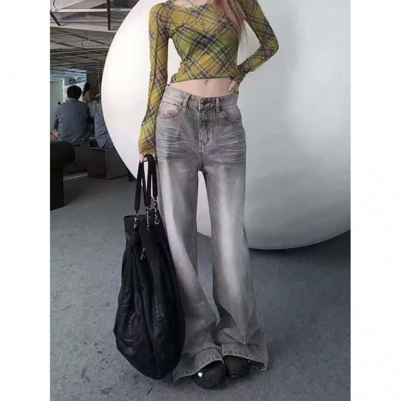 美式灰色阔腿牛仔裤女2025年新款夏季水波纹垂感宽松直筒拖地裤子