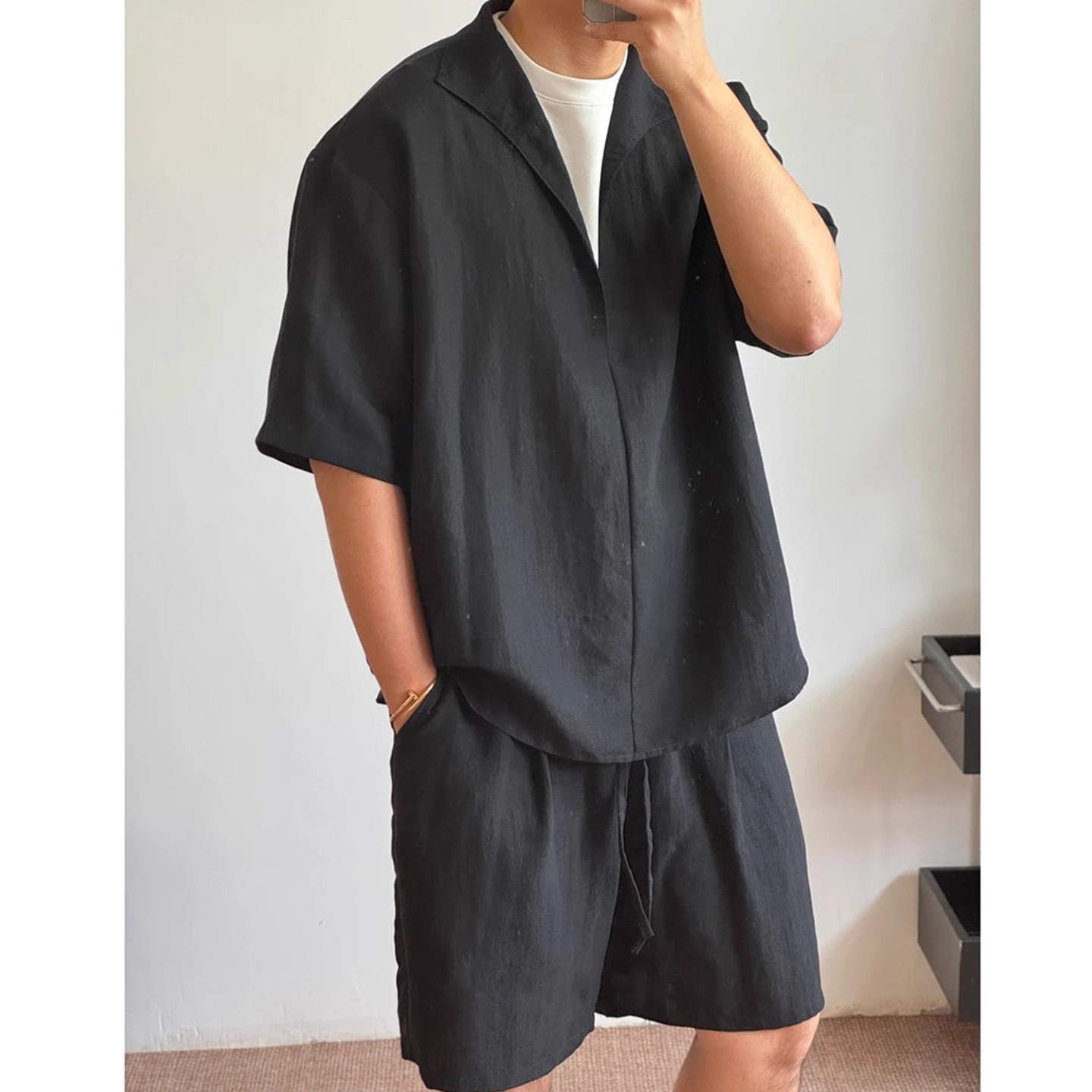 老钱风短袖短裤假两件套装男款夏季潮流宽松大码轻薄速干衬衫裤子