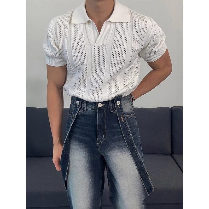 美式镂空短袖POLO衫T恤男夏季薄款简约通勤上衣翻领百搭凉感体恤