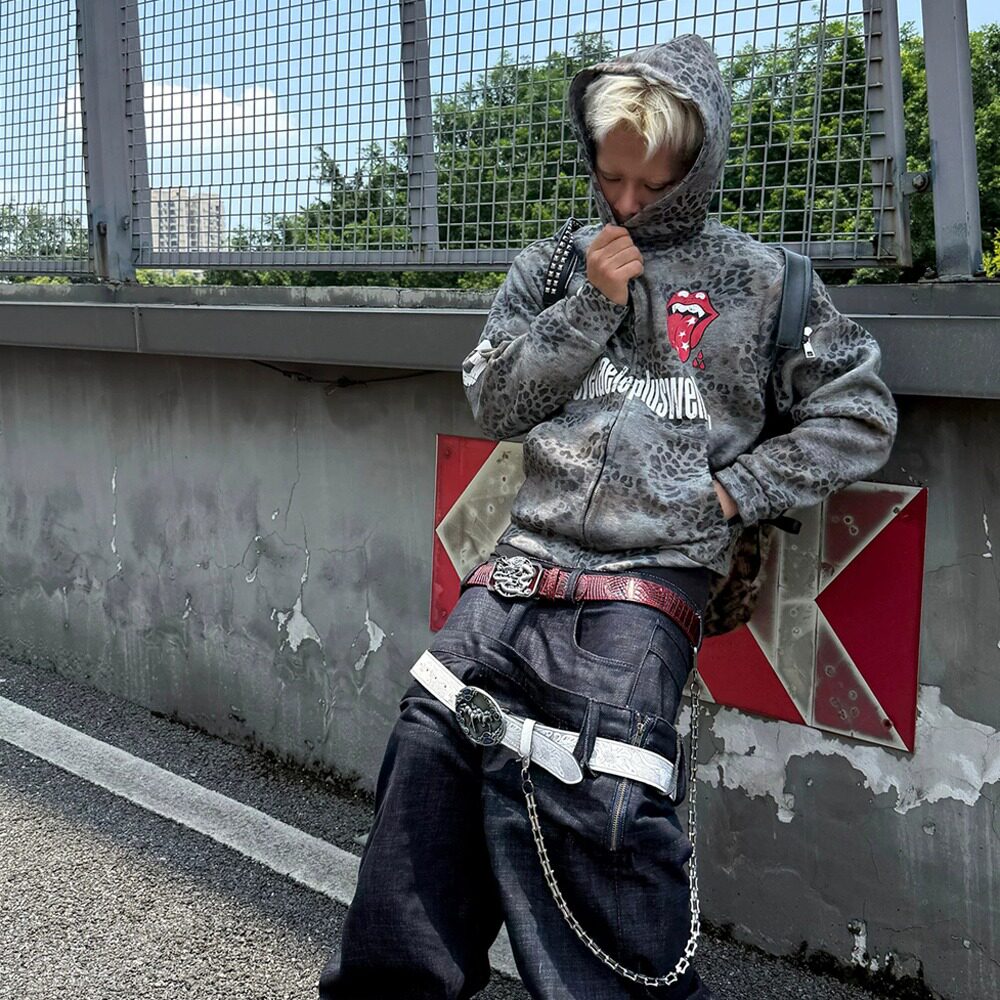 春秋新款美式复古街头风豹纹连帽卫衣男女秋季宽松亚文化开衫外套