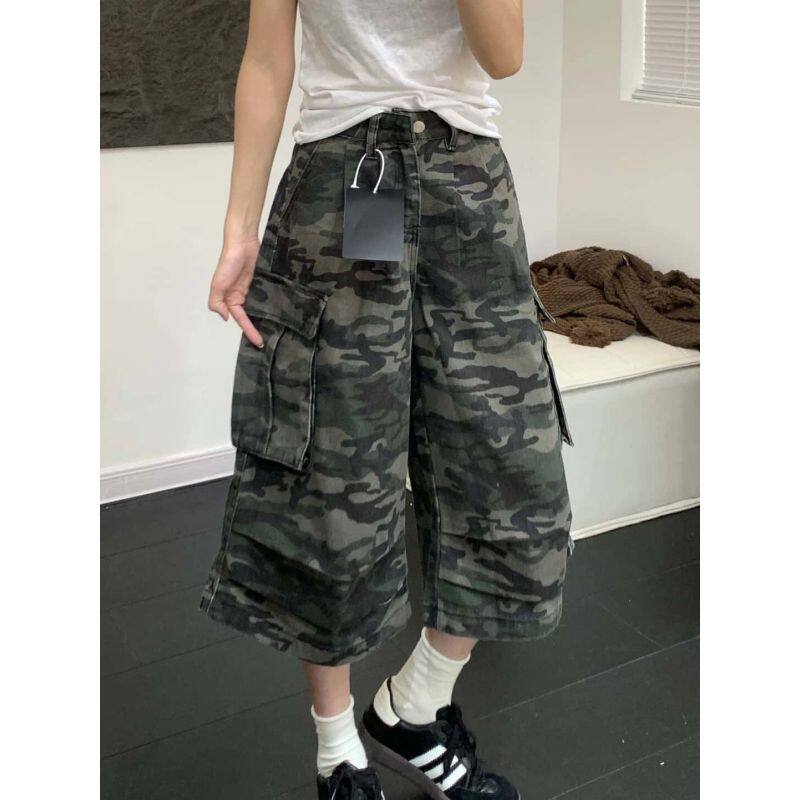 大码水洗迷彩工装牛仔七分裤美式新款复古高街直筒宽松阔腿休闲裤