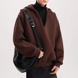 美式假两件深V领连帽卫衣男秋季慵懒风长袖外套百搭休闲情侣帽衫