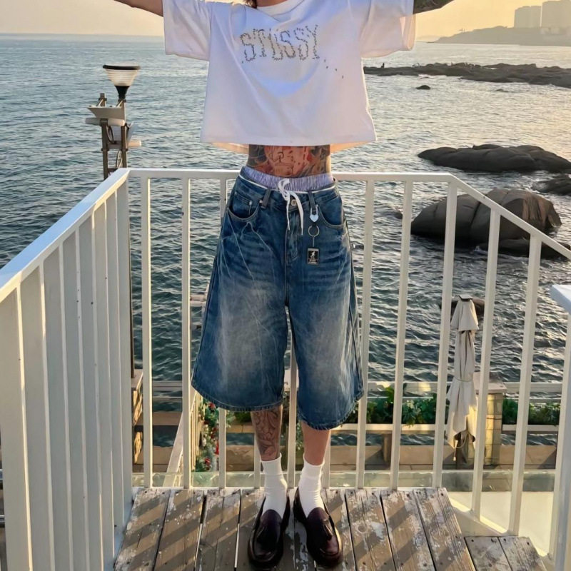 美式vibe风复古做旧蓝闪电牛仔短裤子宽松直筒阔腿七分裤垂坠感男