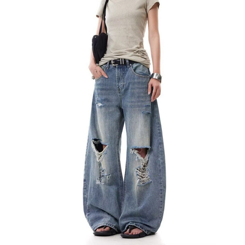 美式水洗破洞牛仔裤男女宽松阔腿休闲裤复古潮牌cleanfit直筒裤子