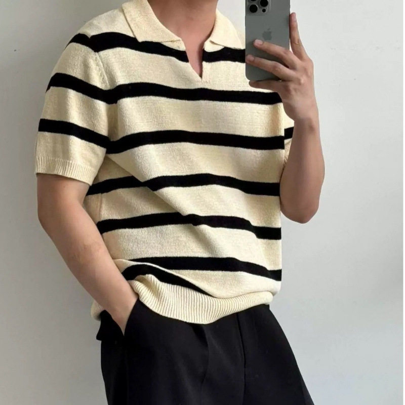 黑白条纹镂空针织衫美式polo衫短袖男夏季设计感小众翻领T恤跨境