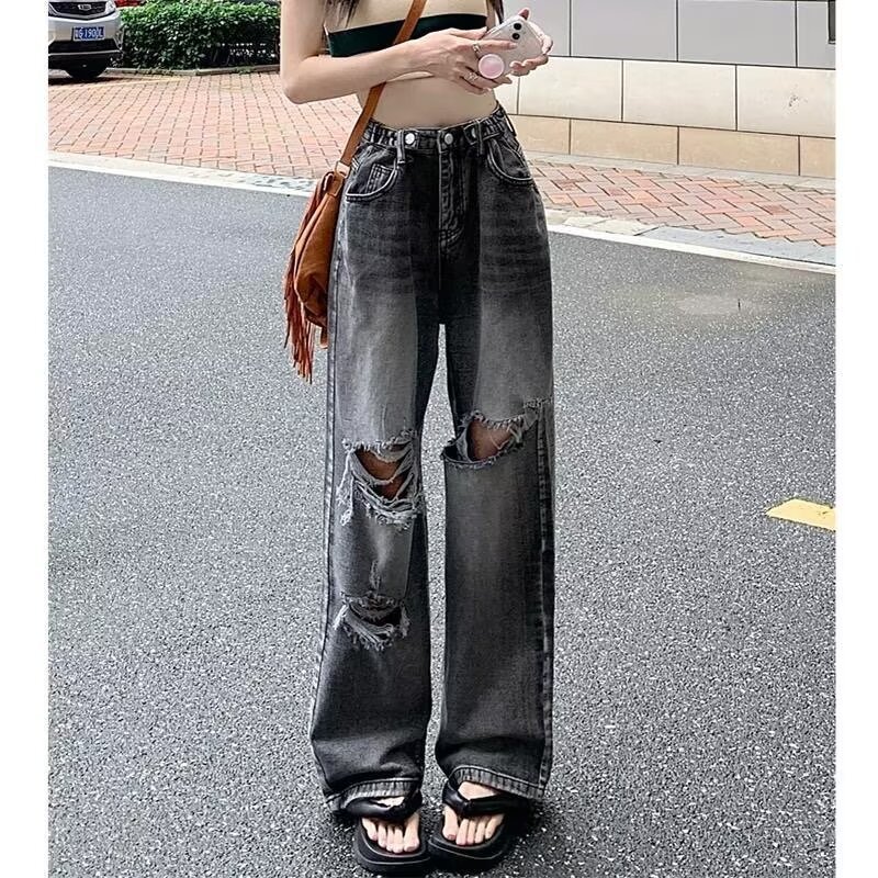 美式高街破洞牛仔裤女秋季高腰显瘦宽松休闲直筒阔腿拖地裤子ins