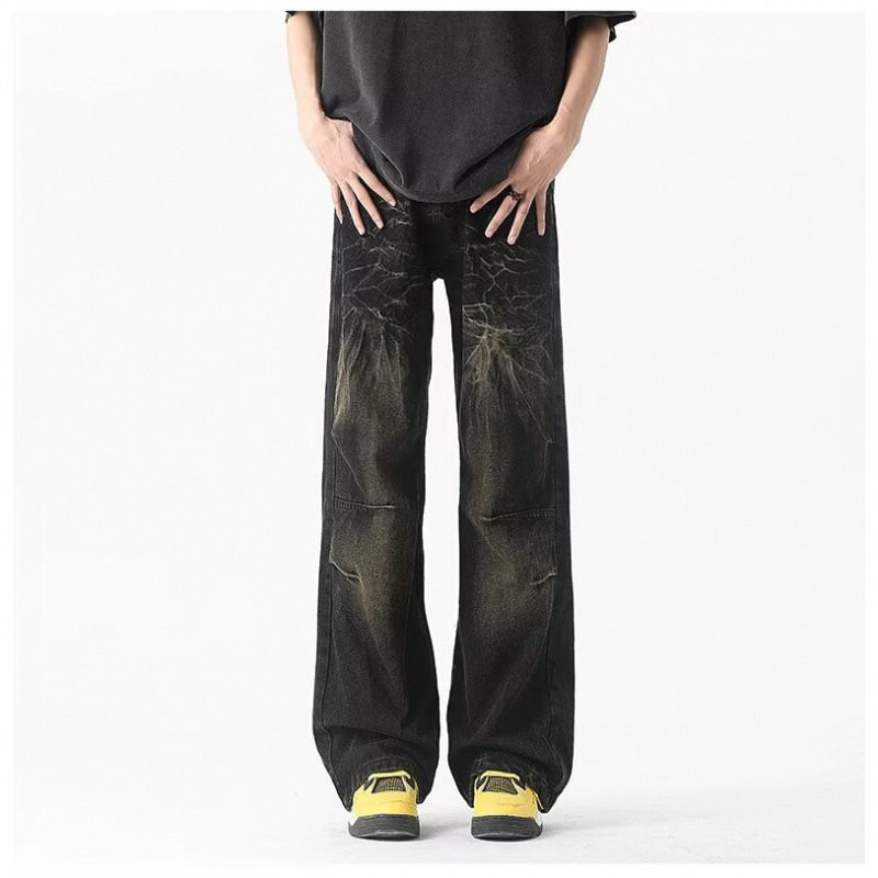 美式复古牛仔裤男宽松直筒裤子高街潮牌百搭水洗做旧阔腿休闲长裤