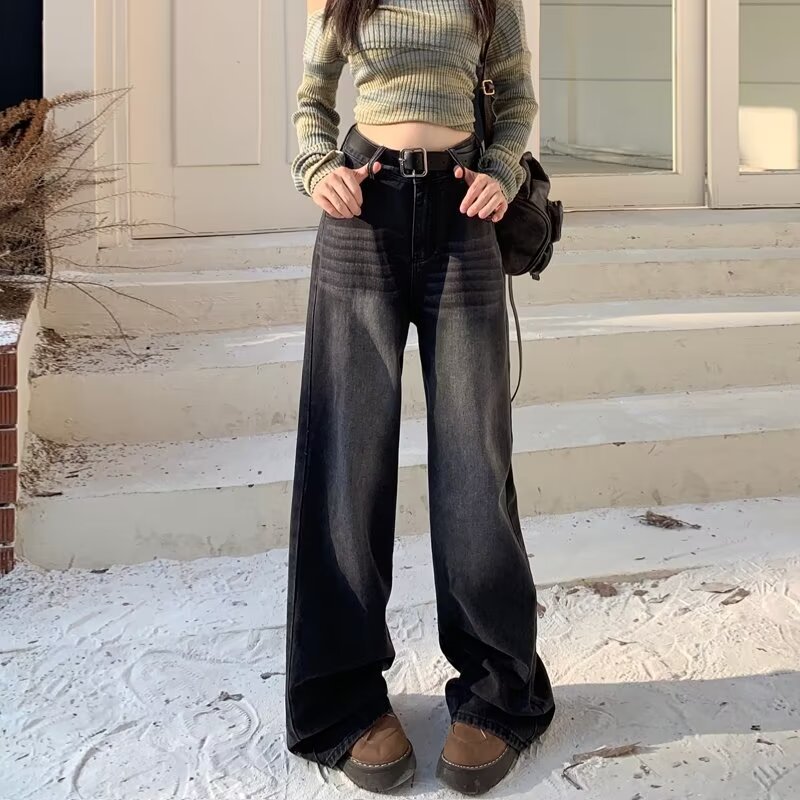 新款美式黑灰色阔腿牛仔裤女秋季高腰显瘦宽松直筒垂感加长拖地裤