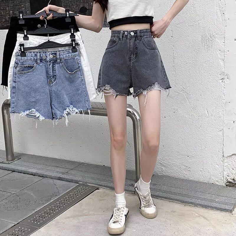 烟灰色高腰显瘦牛仔短裤女夏季大码胖mm设计感小众毛边a字热裤潮