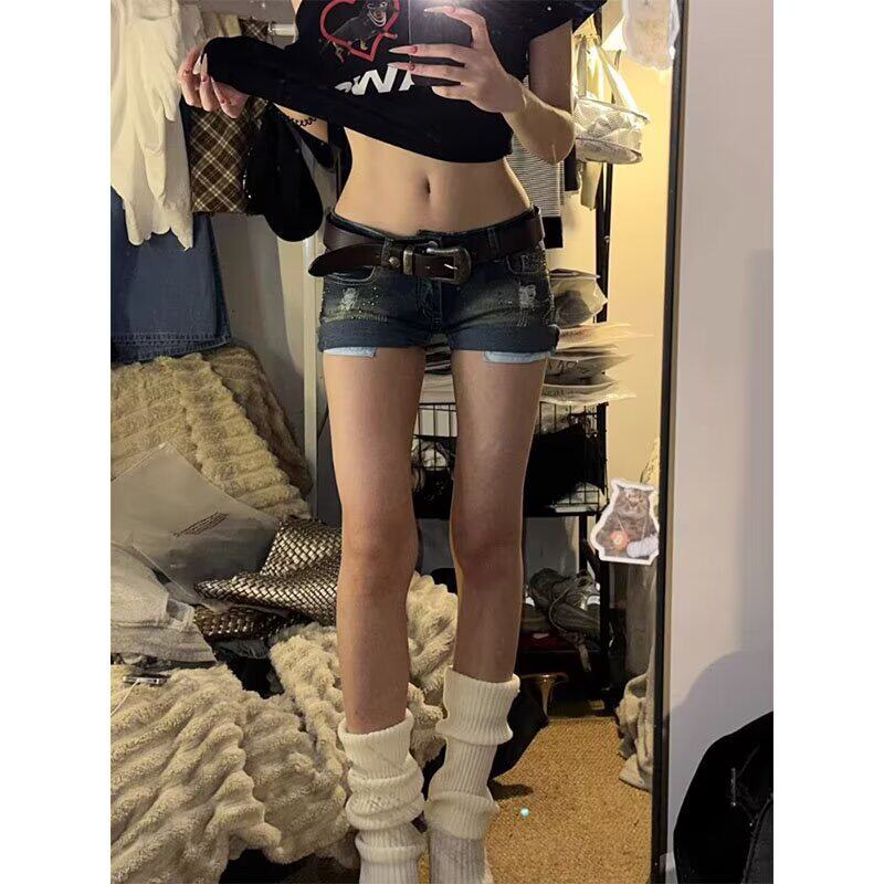 辣妹水洗复古烫钻破洞牛仔短裤女夏欧美显瘦翻边包臀a字超短热裤
