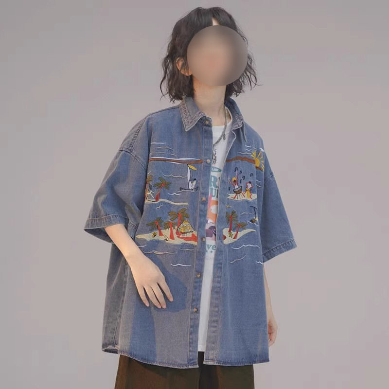 水洗做旧牛仔短袖衬衫男女款美式中性风高街宽松复古刺绣休闲衬衣
