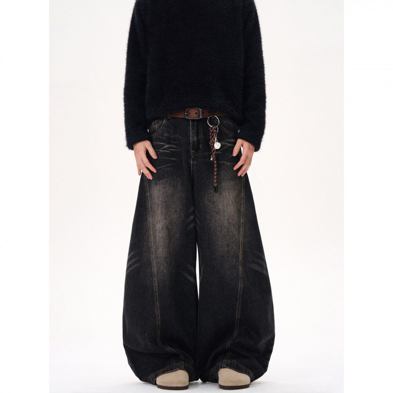 美式复古水洗猫须设计感黑色弯刀牛仔裤男女阔腿宽松垂感做旧裤子