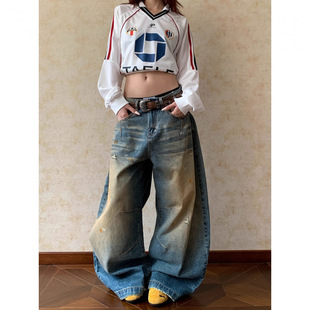 美式复古廓形水洗黄弯刀牛仔裤男女潮牌宽松堆积街头垂感拖地