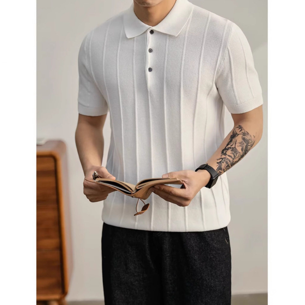 2025美式复古纯色针织短袖男夏季新款商务休闲翻领T恤POLO衫上衣