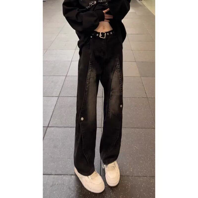 复古小众解构工装牛仔裤男款美式高街vibe裤子高个子黑色微喇长裤