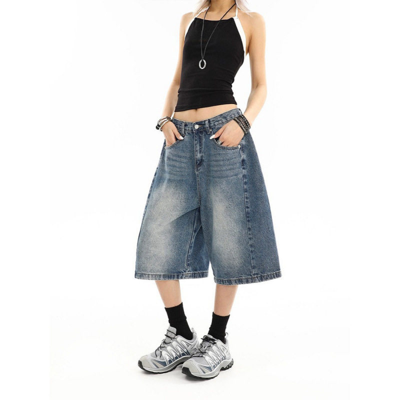 美式复古水洗做旧牛仔中裤女男夏季宽松休闲百搭阔腿弯刀五分裤子