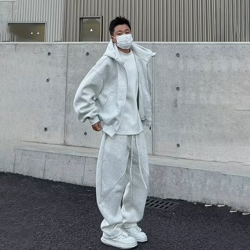 休闲运动套装男春秋季开衫卫衣宽松加肥加大码潮牌外套长裤两件套