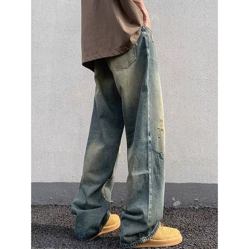 水洗做旧牛仔裤男美式复古春秋宽松阔腿直筒拖地长裤炸街痞帅裤子