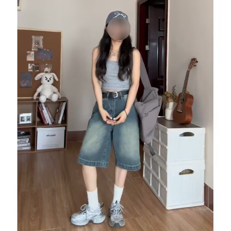 大码美式复古做旧水洗七分阔腿牛仔裤女2025夏季新款高腰显瘦短裤