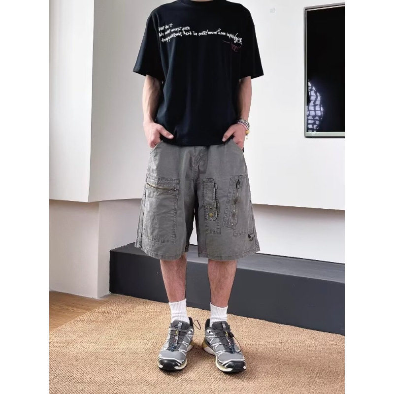 跨境美式复古水洗工装五分牛仔短裤男女高腰街头宽松直筒休闲短裤