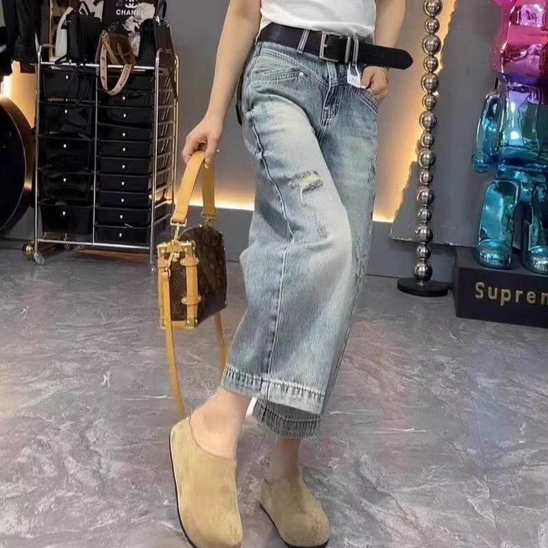 大码欧货破洞牛仔裤子女春夏2025新款宽松显瘦直筒阔腿九分奶奶裤