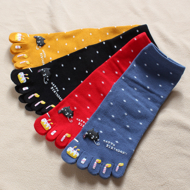 中筒秋冬款女士五指袜 纯棉可爱韩国糖果卡通保暖脚趾袜 猫咪生日