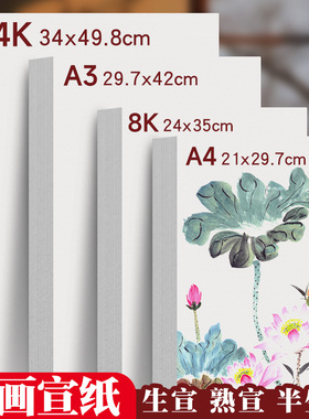 4K国画宣纸书法练字专用8K生宣A4熟宣A3半生半熟加厚画画美术作品纸白色幼儿园小学生初中生毛笔字练习工笔画
