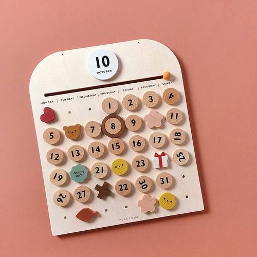 INS北欧风高定版木制日历万年历可调月历儿童房家居装饰道具摆件