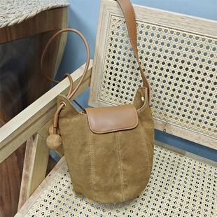 外贸出口尾货头层牛皮磨砂复古反绒真皮水桶苹果秋冬斜挎百搭女包