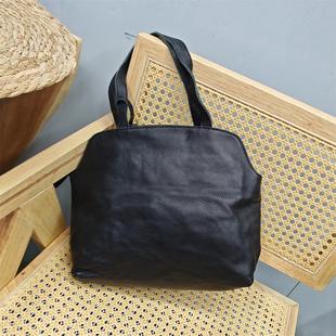 外贸出口尾货头层牛皮手提黑色真皮软皮个性 品牌清货库存妈妈女包