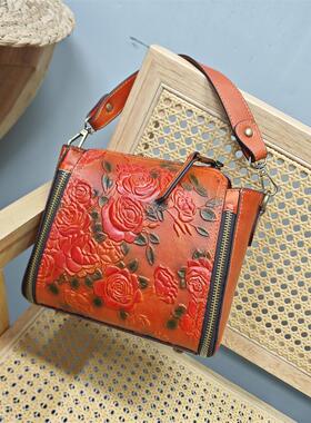 进口头层树膏牛皮压花复古雕刻简约个性真皮手提斜挎橙色女士包包