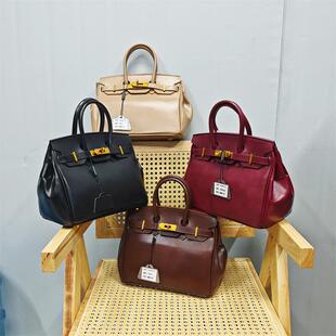 2025新款 真皮女包复古头层植鞣牛皮手提包单肩斜挎包铂金包25cm包