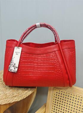头层牛皮鳄鱼纹红色手提子母新娘婚姻宽肩带真皮大翅膀妈妈女士包