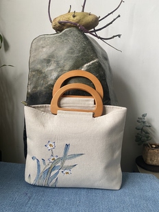 手绘棉麻帆布包水仙图案手拎包手提袋木柄中国风布艺包森系文艺范