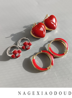 D67复古简约爱心圆环小花红色滴油铜镀真金厚银耳扣