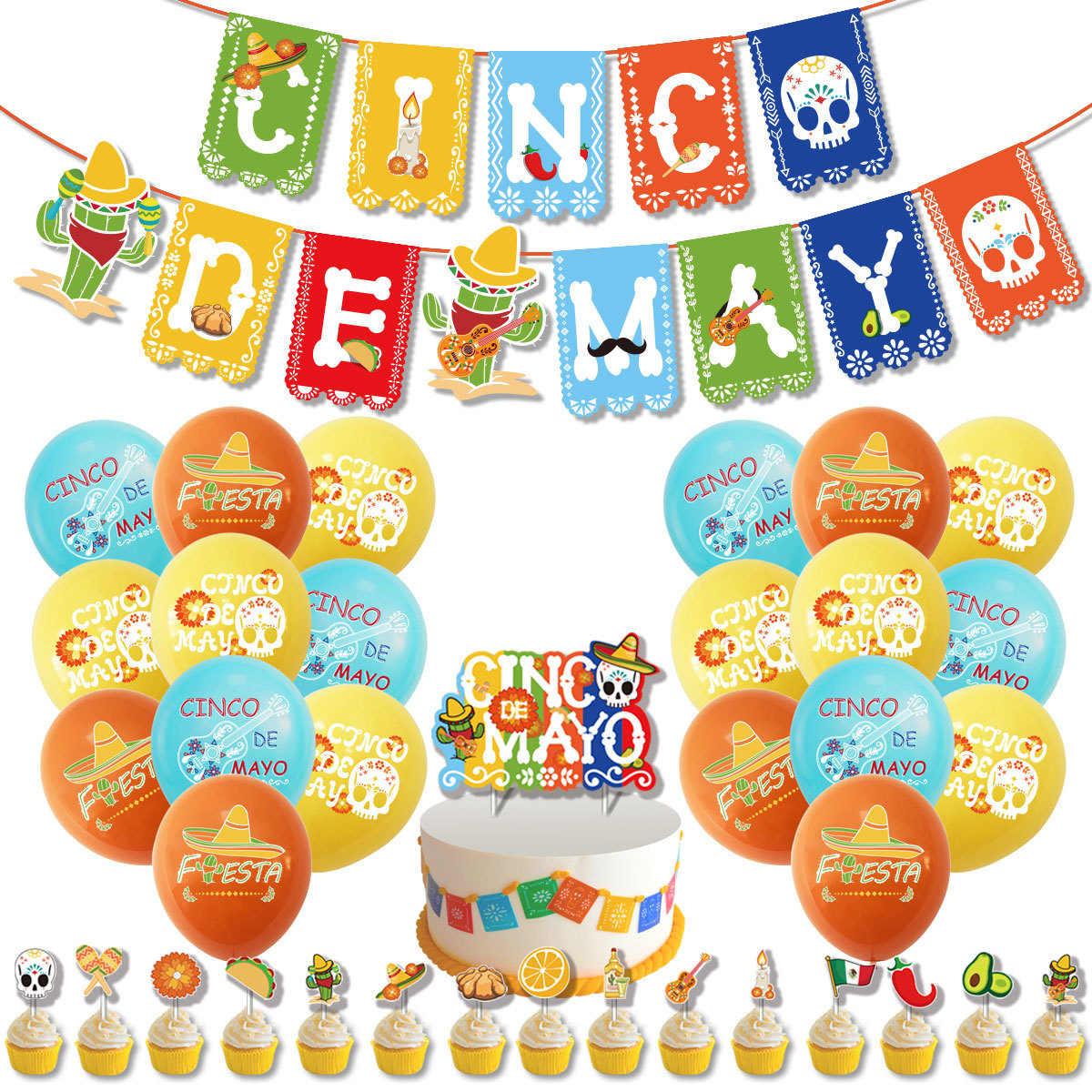 墨西哥狂欢节派对装饰套装 CINCO DE MAYO亡灵节拉旗蛋糕插牌气球