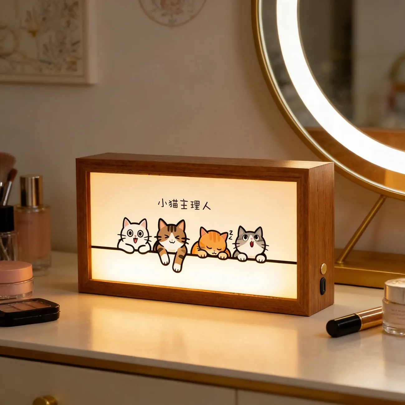 小猫主理人发光灯箱可爱氛围灯治愈小猫发光相框双面木质发光灯箱