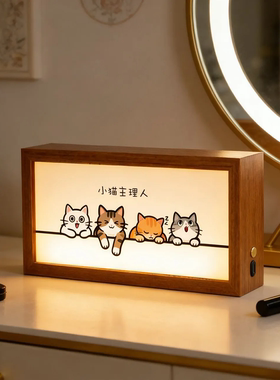 小猫主理人发光灯箱可爱氛围灯治愈小猫发光相框双面木质发光灯箱